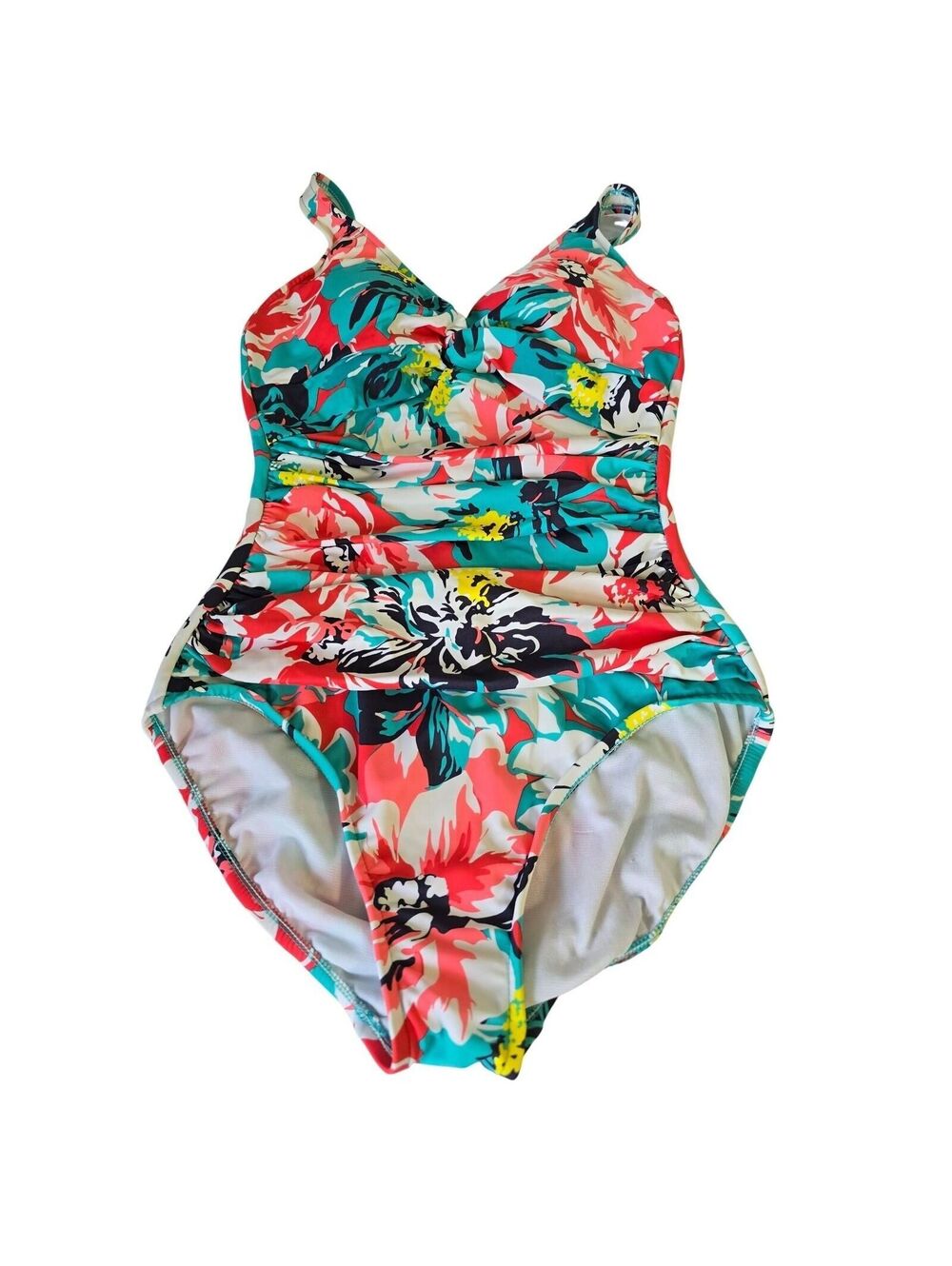 Tropical Floral Ruched One Piece Swimsuit Coral Teal V-Neck Padded Womens Medium